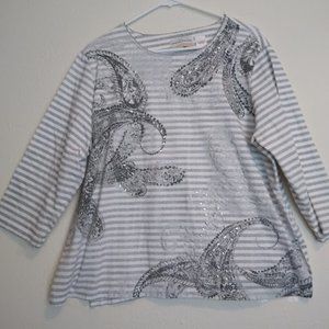 Women's Size 1X, Alfred Dunner, Gray and White 3/4 Length Sleeve  Top